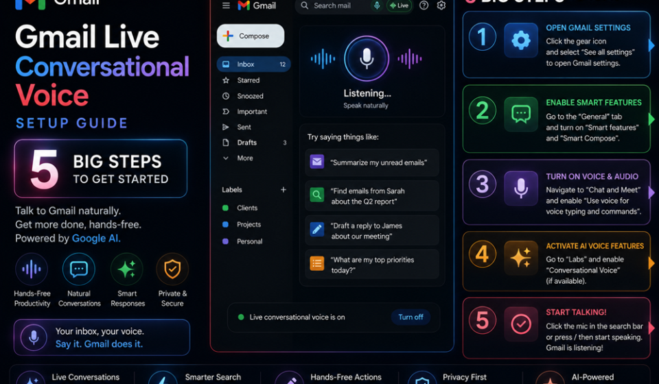 Graphic guide UI showing a user tapping the waveform icon to enable the Gmail Live conversational voice layout on an iPhone and Android device.