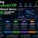 Graphic blueprint displaying hardware design components including exterior cameras, touch sensors, and frame options alongside Android XR smart glasses specs text.