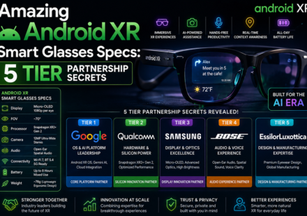 Graphic blueprint displaying hardware design components including exterior cameras, touch sensors, and frame options alongside Android XR smart glasses specs text.