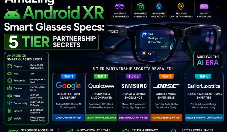 Graphic blueprint displaying hardware design components including exterior cameras, touch sensors, and frame options alongside Android XR smart glasses specs text.