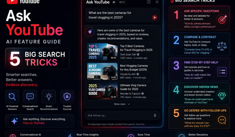 Screenshot interface demonstrating how to activate the Ask YouTube AI feature sidebar to ask questions about a running video.