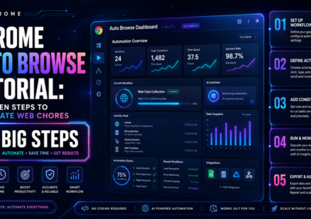 A clean, high-tech screen detailing a Chrome auto browse tutorial with native Gemini AI interfaces managing complex multi-tab digital chores.