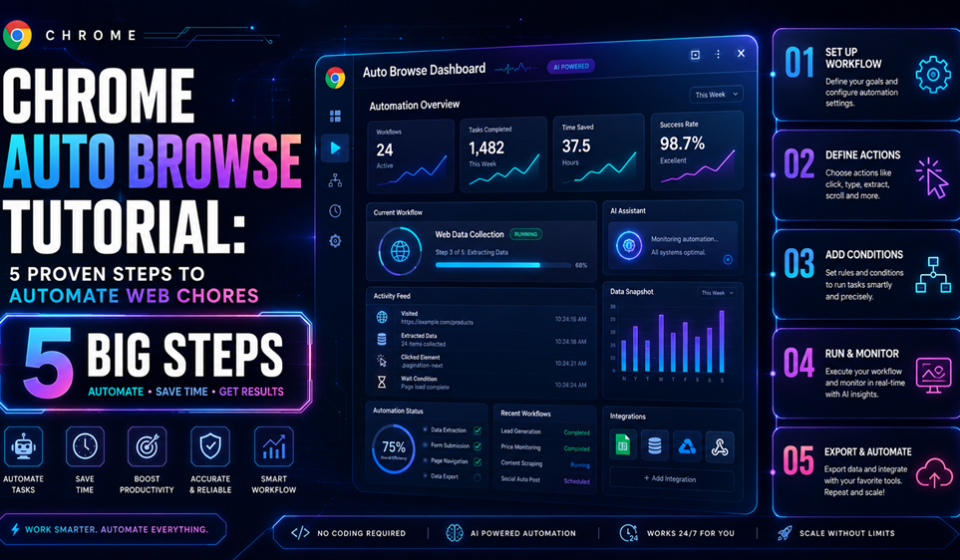 A clean, high-tech screen detailing a Chrome auto browse tutorial with native Gemini AI interfaces managing complex multi-tab digital chores.