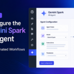 Graphic showing how to configure the Gemini Spark AI agent workflow interface with cloud VMs and Google Workspace integration