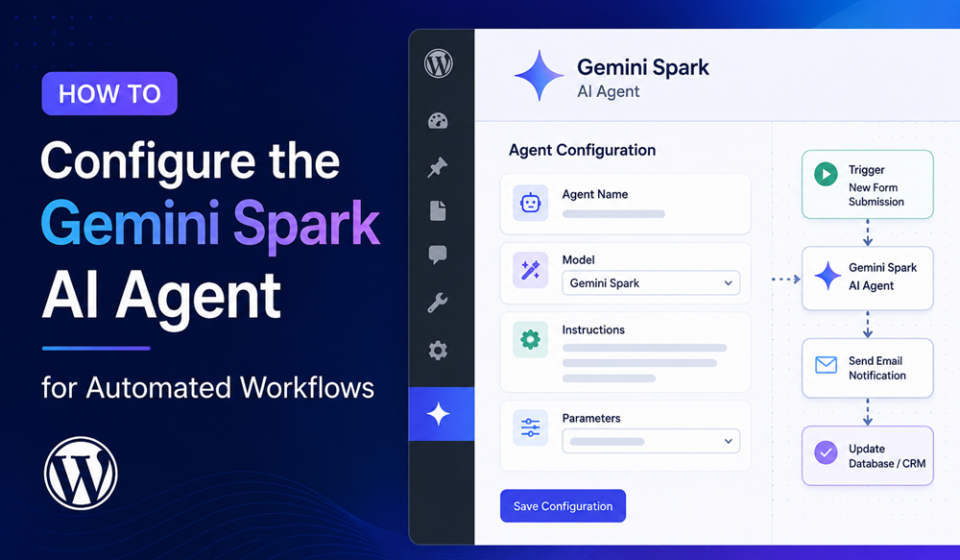 Graphic showing how to configure the Gemini Spark AI agent workflow interface with cloud VMs and Google Workspace integration