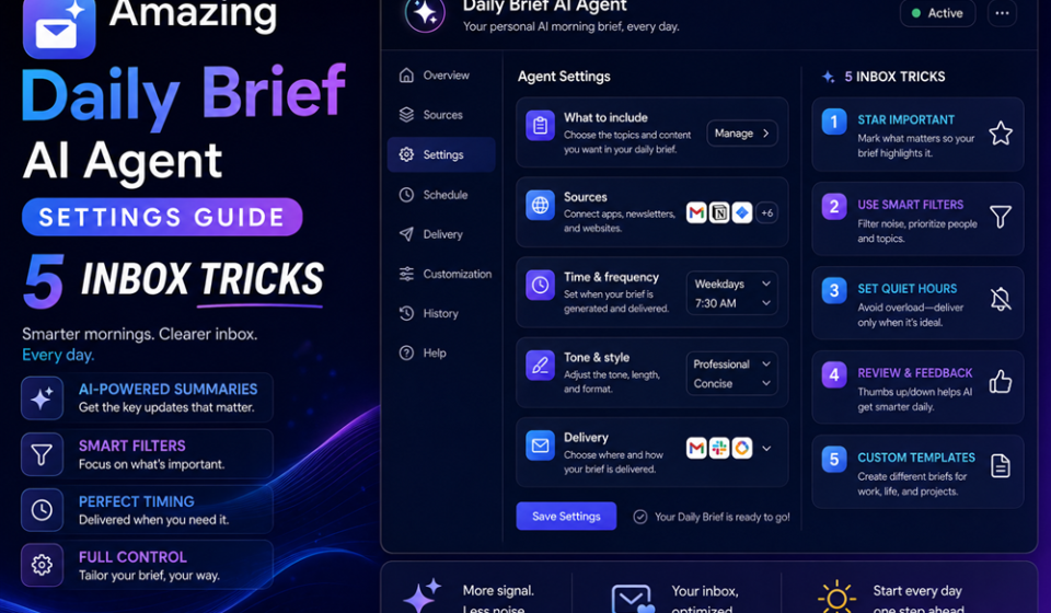 Screenshot interface showing how to adjust Daily Brief AI agent settings to securely parse incoming Gmail messages.