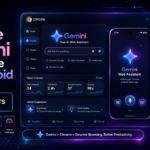 A high-contrast mobile screen mockup displaying Gemini in Chrome for Android with a glowing neon bottom sheet panel and an interactive search overlay.