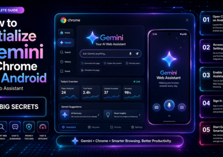 A high-contrast mobile screen mockup displaying Gemini in Chrome for Android with a glowing neon bottom sheet panel and an interactive search overlay.