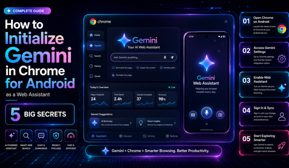 A high-contrast mobile screen mockup displaying Gemini in Chrome for Android with a glowing neon bottom sheet panel and an interactive search overlay.