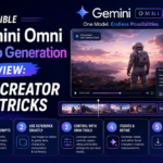 Graphic review layout showing the Gemini Omni video generation editing timeline with multimodal prompt nodes