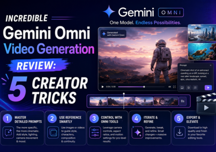 Graphic review layout showing the Gemini Omni video generation editing timeline with multimodal prompt nodes