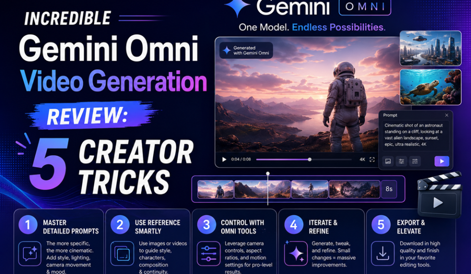 Graphic review layout showing the Gemini Omni video generation editing timeline with multimodal prompt nodes