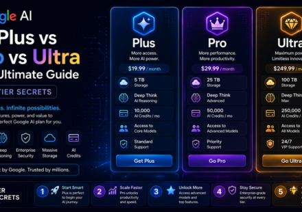 Feature grid infographic breaking down the direct differences between the Google AI Plus vs Pro vs Ultra tier tiers.