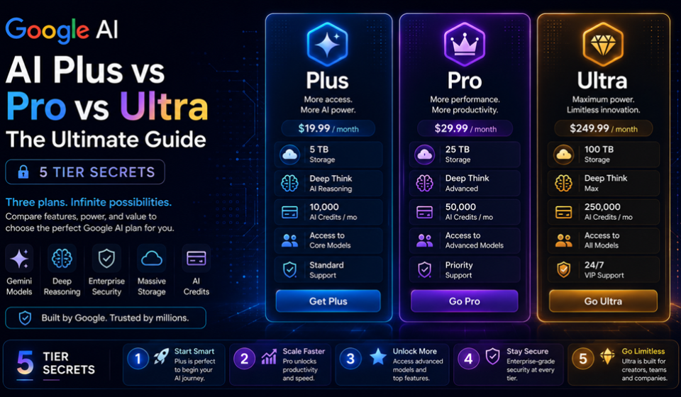 Feature grid infographic breaking down the direct differences between the Google AI Plus vs Pro vs Ultra tier tiers.