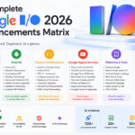Matrix overview diagram displaying Google I/O 2026 announcements including Gemini 3.5 Flash, Spark, and Android XR