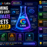 A futuristic workspace displaying the Google Labs upcoming features list on a multi-screen interface.
