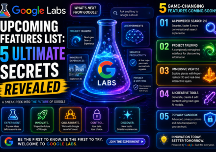 A futuristic workspace displaying the Google Labs upcoming features list on a multi-screen interface.