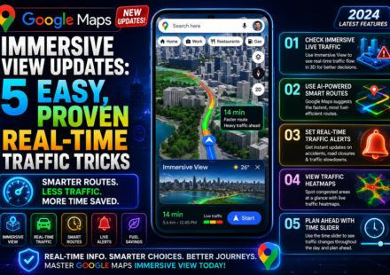 Alt Text: A vibrant 3D rendering of city streets showing the latest Google Maps immersive view updates with real-time traffic data overlays.
