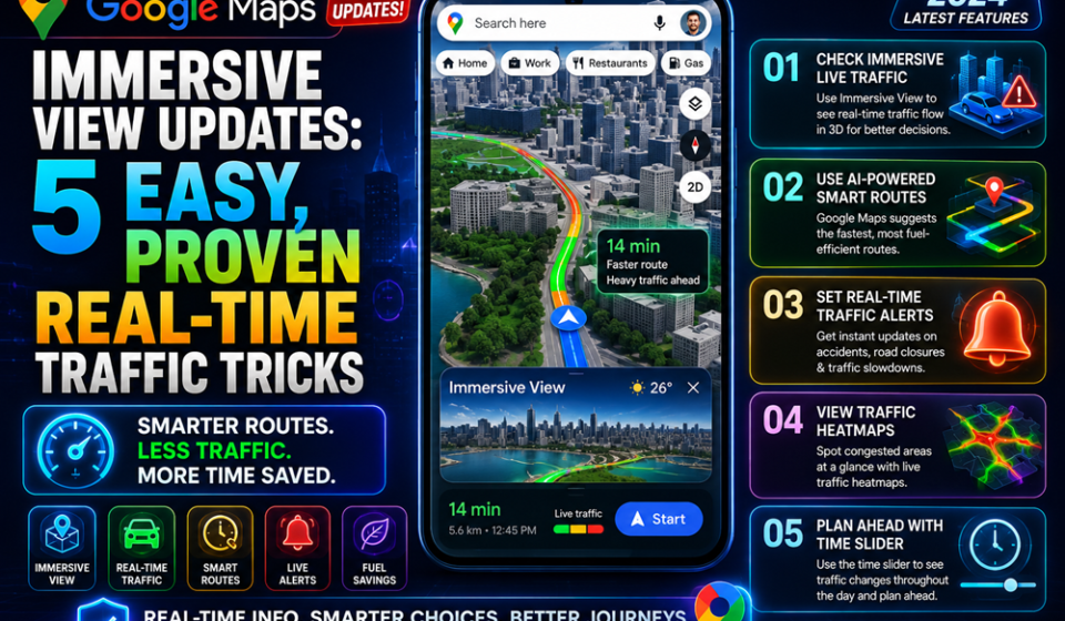 Alt Text: A vibrant 3D rendering of city streets showing the latest Google Maps immersive view updates with real-time traffic data overlays.