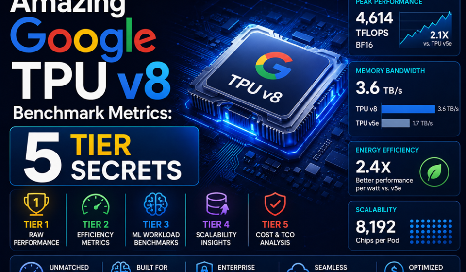 Data matrix detailing hardware throughput and networking topology charts based on official Google TPU v8 benchmark metrics.