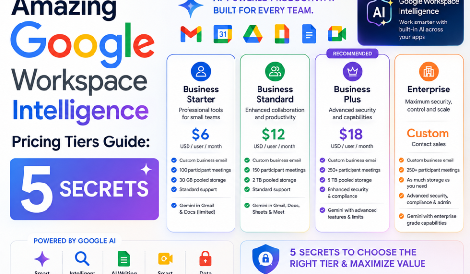 Feature matrix breakdown charting costs, security modules, and user seat metrics based on the official Google Workspace Intelligence pricing tiers.