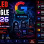 Matrix graphic displaying retired software badges and application tombstones from the official Killed by Google 2026 list database.