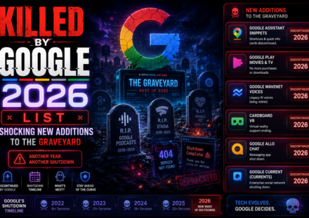 Matrix graphic displaying retired software badges and application tombstones from the official Killed by Google 2026 list database.