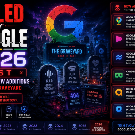 Matrix graphic displaying retired software badges and application tombstones from the official Killed by Google 2026 list database.