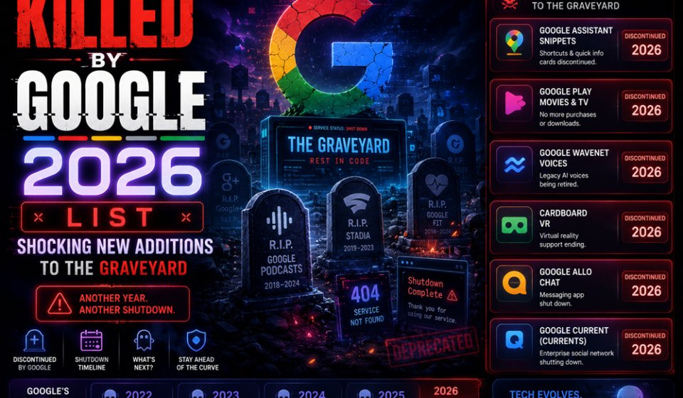 Matrix graphic displaying retired software badges and application tombstones from the official Killed by Google 2026 list database.