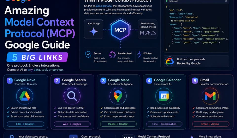 Architectural block blueprint outlining how the Model Context Protocol Google tools securely bridge enterprise LLMs to external application databases.