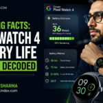 Comparative infographic detailing Pixel Watch 4 battery life metrics alongside vintage Apple smartwatches