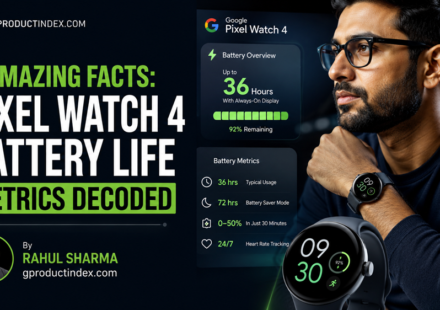 Comparative infographic detailing Pixel Watch 4 battery life metrics alongside vintage Apple smartwatches