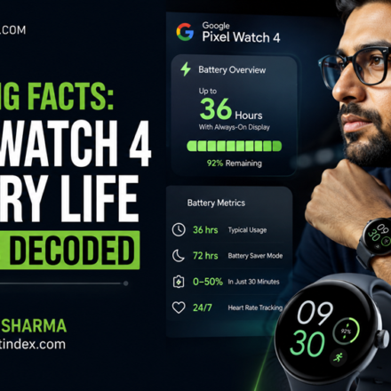 Comparative infographic detailing Pixel Watch 4 battery life metrics alongside vintage Apple smartwatches