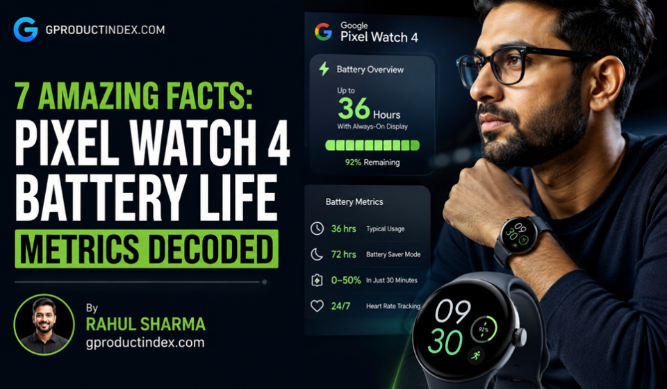Comparative infographic detailing Pixel Watch 4 battery life metrics alongside vintage Apple smartwatches