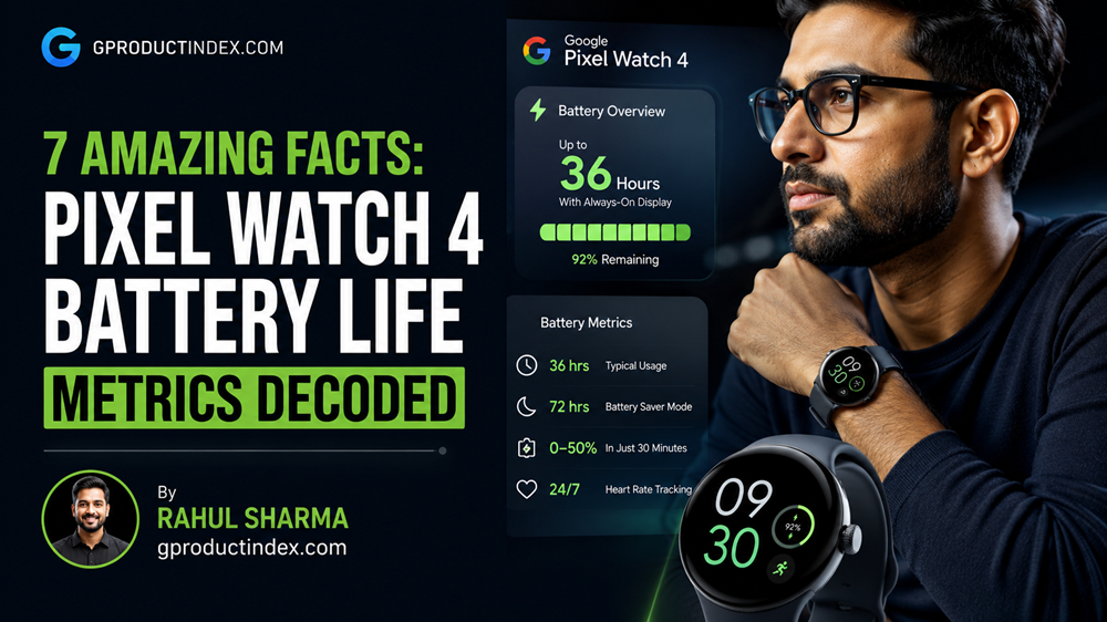 Comparative infographic detailing Pixel Watch 4 battery life metrics alongside vintage Apple smartwatches