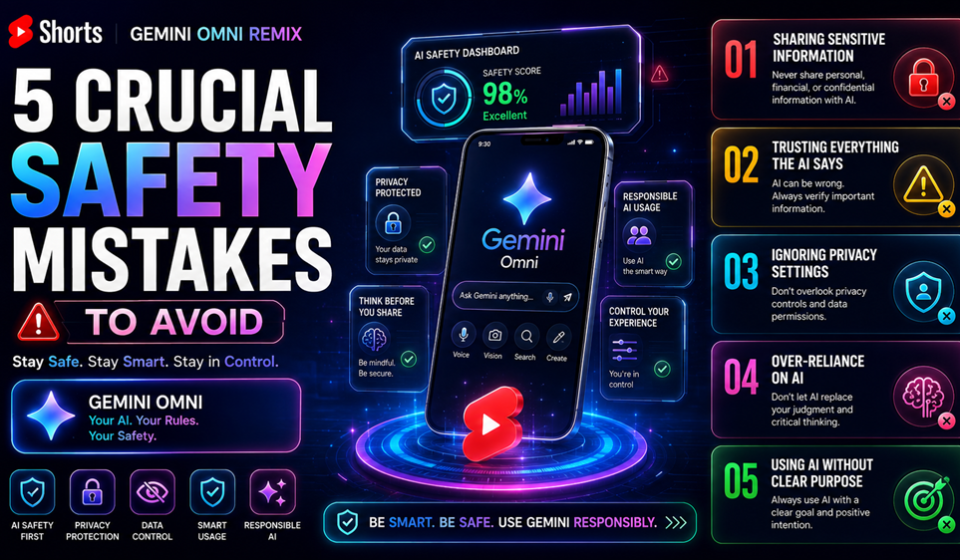 A vibrant futuristic smartphone displaying the YouTube Shorts Gemini Omni remix interface with neon UI elements and a security lock icon.